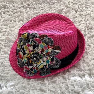 Frayed Flower Pink Straw Fedora Hat